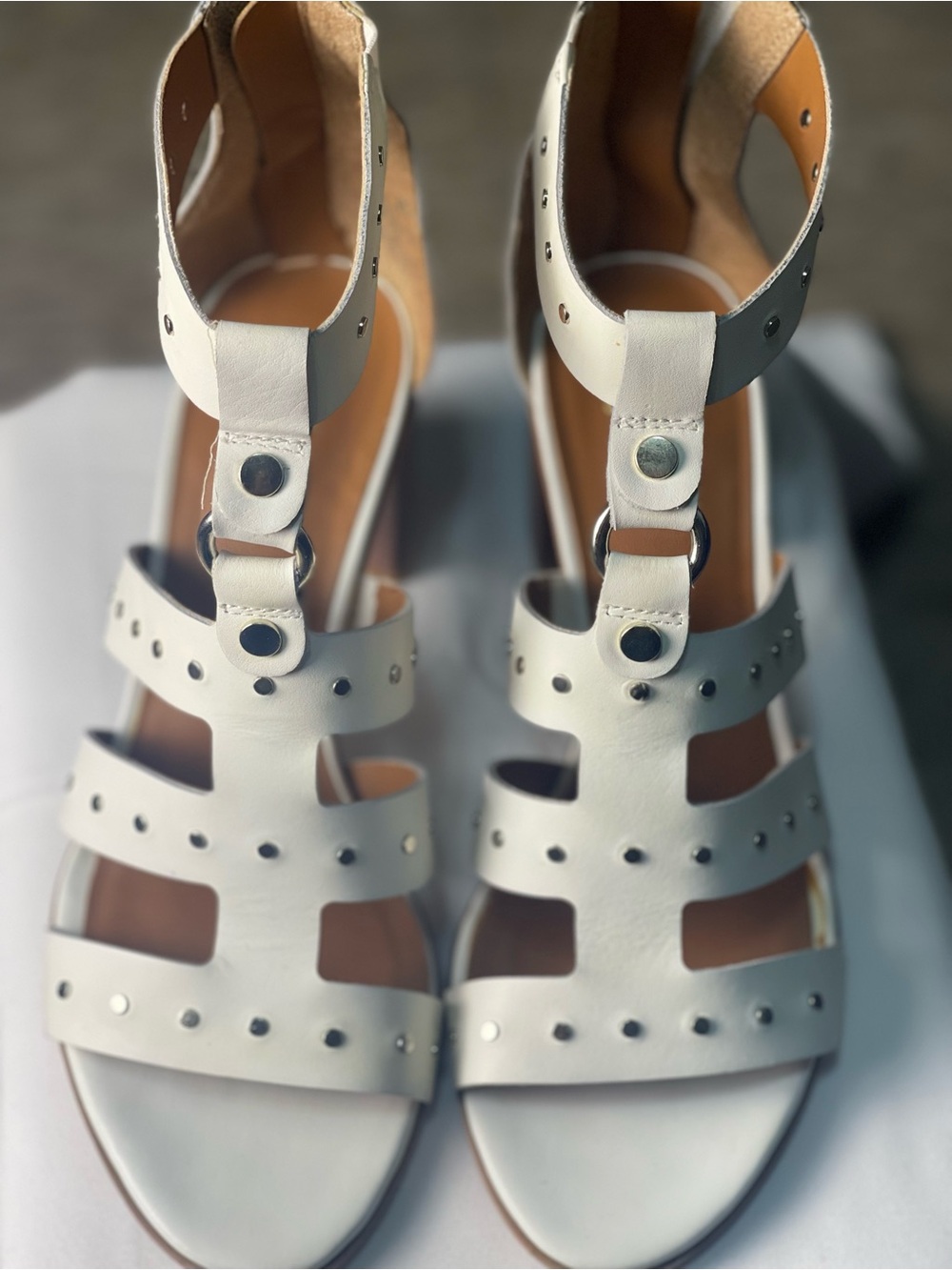 Franco Sarto White Stud-Accent Gladiator Block Heel Sandals